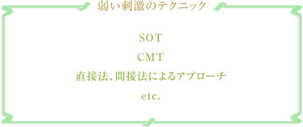 弱い刺激のテクニック
SOT
CMT
直接法、間接法によるアプローチ
etc.